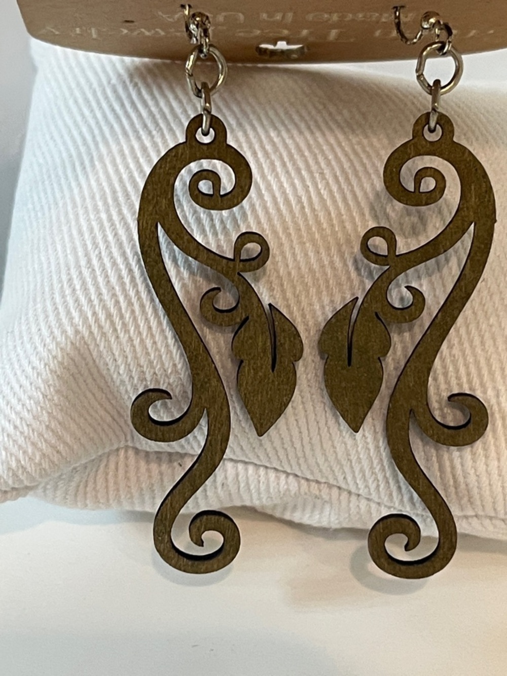 Olive Green Scroll Drop Earrings - Picture 3 of 5
